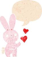 coelho bonito dos desenhos animados com corações de amor e bolha de fala em estilo retrô-texturizado vetor