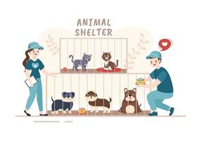 ilustração de desenhos animados de abrigo de animais com animais de estimação sentados em gaiolas e voluntários alimentando animais para adoção em design de estilo desenhado à mão plana vetor