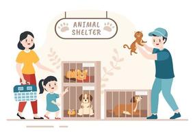 ilustração de desenhos animados de abrigo de animais com animais de estimação sentados em gaiolas e voluntários alimentando animais para adoção em design de estilo desenhado à mão plana vetor