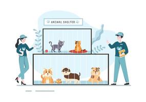 ilustração de desenhos animados de abrigo de animais com animais de estimação sentados em gaiolas e voluntários alimentando animais para adoção em design de estilo desenhado à mão plana vetor