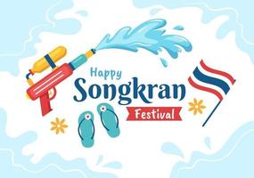 feliz dia do festival songkran ilustração de desenho animado desenhada à mão jogando arma de água na celebração da tailândia em design de plano de fundo de estilo simples vetor