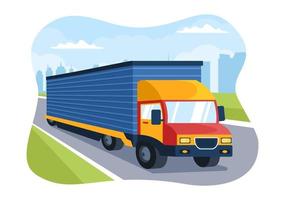 ilustração de desenho animado de transporte por caminhão com serviços de entrega de carga ou caixa de papelão enviada ao consumidor em design de estilo simples vetor
