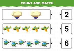 jogo educacional para crianças contar e combinar contar o número de helicóptero de avião zeppelin de transporte voador de desenho animado e combinar com os números certos planilha imprimível vetor