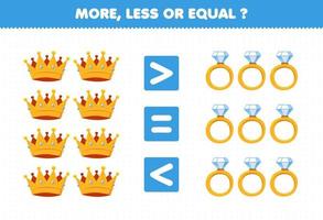 jogo de educação para crianças mais menos ou igual conta a quantidade de coroa e anel de joias vestíveis de desenho animado vetor