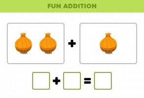 jogo educacional para crianças adição divertida contando planilha de fotos de cebola vegetal de desenho animado vetor