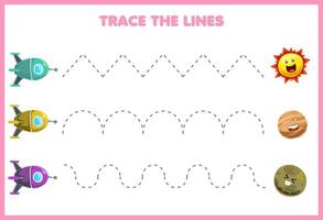 jogo de educação para crianças prática de caligrafia traçar as linhas mover bonito desenho animado sistema solar foguete sol planeta vetor