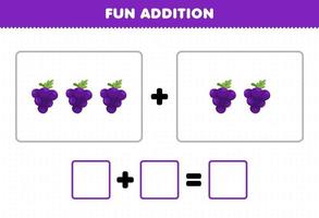 jogo de educação para crianças adição divertida contando planilha de fotos de uvas de frutas de desenhos animados vetor