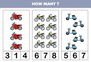 jogo de educação para crianças contando quantos desenhos animados transporte de bicicleta moto motocross scooter vetor