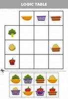 jogo de educação para crianças mesa lógica dos desenhos animados brócolis batata páprica combinar com a planilha imprimível da cesta correta vetor