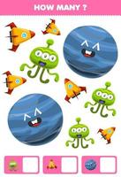 jogo de educação para crianças procurando e contando quantos objetos fofos desenhos animados do sistema solar planeta foguete alienígena vetor