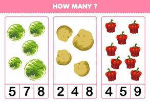 jogo educativo para crianças contando quantos desenhos animados legumes repolho batata páprica vetor