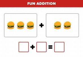 jogo de educação para crianças além de diversão contando planilha de fotos de hambúrguer de comida de desenho animado vetor