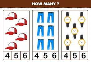 jogo de educação para crianças contando quantas roupas de desenho animado cap jean watch vetor