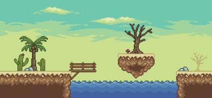cena do jogo do deserto de pixel art com pirâmide, palmeira, cactos, ponte flutuante ilha 8bit fundo vetor