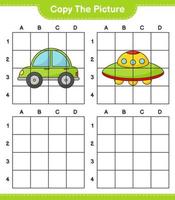 copie a imagem, copie a imagem do carro e do ufo usando linhas de grade. jogo educativo para crianças, planilha para impressão, ilustração vetorial vetor