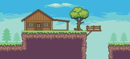 cena de jogo de arcade pixel art com casa de madeira, árvores, cerca, ponte e nuvens fundo de 8 bits vetor