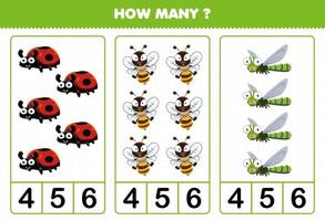 jogo de educação para crianças contando quantos desenhos animados fofos inseto animal joaninha abelha libélula vetor