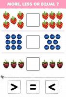 jogo educativo para crianças mais menos ou igual conte a quantidade de frutas dos desenhos animados morango mirtilo amora então corte e cole corte o sinal correto vetor