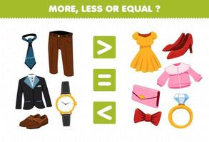 jogo de educação para crianças mais menos ou igual conte a quantidade de roupas vestíveis de desenho animado gravata calças smoking terno sapatos relógio vestido blusa salto carteira anel de fita vetor
