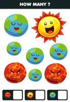 jogo de educação para crianças procurando e contando quantos objetos bonito desenho animado sistema solar planeta terra marte sol vetor