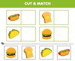 jogo de educação para crianças cortar e combinar a mesma imagem de comida de desenho animado hotdog torrada taco burger planilha imprimível vetor