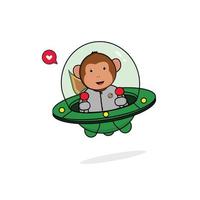 ilustração de ícones dos desenhos animados do vetor bonito astronauta de macaco dirigindo a nave espacial ufo. conceito de ícone de tecnologia de ciência de vetor isolado premium. estilo de desenho animado plano