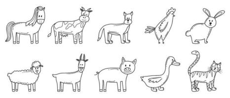 conjunto de vetores de animais de fazenda. animais de fazenda fofos gato, cachorro, cavalo, porco, vaca, cabra. ilustração vetorial. estilo doodle.