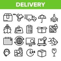 vetor de conjunto de ícones de linha de entrega. serviço de transporte rápido. entrega 24 ícones de suporte logístico. ordem expressa. ilustração da web de contorno fino