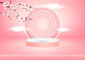 cena de pódio de fundo de estúdio rosa abstrato com plataforma geométrica de folha, espelho refletindo as nuvens do céu e sakura para produto cosmético. ilustração em vetor 3D. conceito de estilo minimalista de arte.