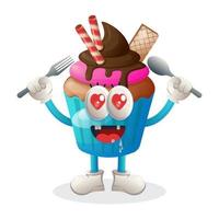 mascote de cupcake com expressão feliz, segurando a colher e garfo, ilustração de mascote de cupcake vetor