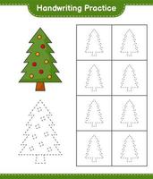 prática de caligrafia. traçando linhas de árvore de natal. jogo educativo para crianças, planilha para impressão, ilustração vetorial vetor