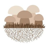 cogumelos e vegetação. fungo de reprodução. micélio e esporo. ilustração vetorial. estilo plano. monocromático. isolado no branco. vetor