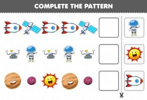 jogo de educação para crianças completa o padrão de pensamento lógico, encontre a regularidade e continue a tarefa de linha com bonito desenho animado sistema solar foguete satélite robô astronauta planeta sol vetor