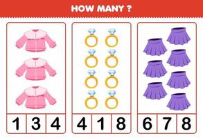 jogo educacional para crianças contando quantas roupas usáveis de desenho animado blusa anel saia vetor