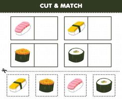 jogo de educação para crianças cortar e combinar a mesma imagem da planilha imprimível de sushi de comida japonesa dos desenhos animados vetor