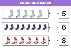 jogo educacional para crianças contar e combinar contar o número de meias de roupas de desenho animado e combinar com os números certos planilha imprimível vetor