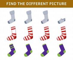 jogo de educação para crianças encontrar a imagem diferente em cada linha meias de roupas usáveis de desenho animado vetor