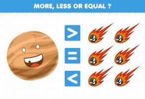 jogo de educação para crianças mais menos ou igual conte a quantidade de planeta e cometa do sistema solar bonito dos desenhos animados vetor