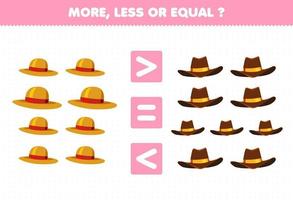 jogo de educação para crianças mais menos ou igual conte a quantidade de chapéu de roupas vestíveis de desenho animado vetor