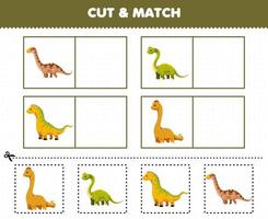 jogo de educação para crianças cortar e combinar a mesma imagem de dinossauro de pescoço longo pré-histórico bonito dos desenhos animados vetor