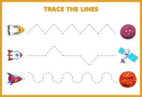 jogo de educação para crianças prática de caligrafia traçar as linhas mover bonito desenho animado sistema solar nave espacial foguete planeta satélite vetor