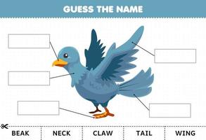 jogo de educação para crianças adivinhar o nome da planilha de parte do corpo do pássaro bonito dos desenhos animados vetor