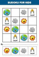 jogo de educação para crianças sudoku para crianças com desenho bonito do sistema solar planeta terra nave espacial sol imagem vetor