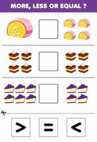 jogo de educação para crianças mais menor ou igual conte a quantidade de bolo doce de comida de desenho animado então corte e cole o sinal correto vetor