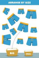jogo de educação para crianças organizar por tamanho grande ou pequeno colocá-lo na caixa roupas usáveis dos desenhos animados fotos de calças azuis vetor