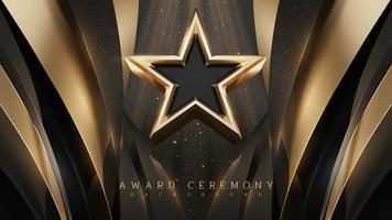 fundo de cerimônia de premiação com estrela de ouro 3d e elemento de fita e decoração de efeito de luz glitter. vetor