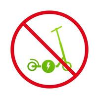 proibir pictograma de scooter de energia elétrica. proibir o ícone de silhueta preta de patinete eletrônico. símbolo de parada vermelha de transporte de eletricidade. nenhum sinal de bicicleta de roda de empurrar permitido. ilustração vetorial isolado. vetor