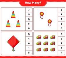 jogo de contagem, quantos brinquedo pirâmide, chocalho, pipa e trem. jogo educativo para crianças, planilha para impressão, ilustração vetorial vetor