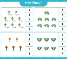 jogo de contagem, quantas pipa, pistola de água, chocalho e chupeta. jogo educativo para crianças, planilha para impressão, ilustração vetorial vetor