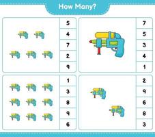 jogo de contagem, quantas pistola de água. jogo educativo para crianças, planilha para impressão, ilustração vetorial vetor